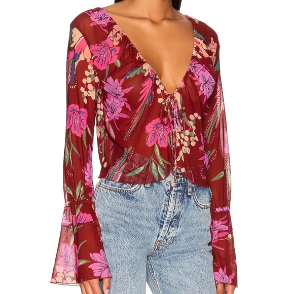 NWT Free People Sheer Floral Print Of Paradise bell sleeve tropical Top fairy - Picture 2 of 7